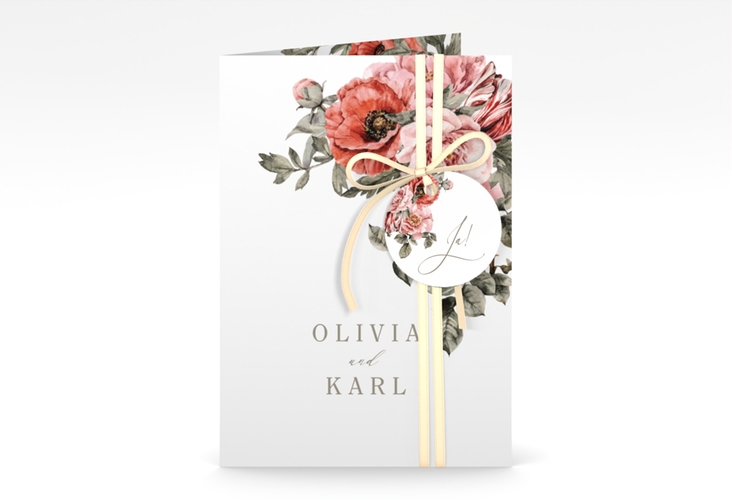 Einladungskarte Hochzeit Grazioso A6 Klappkarte hoch weiss hochglanz modern mit Mohnblumen und Rosen