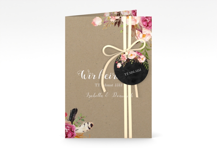 Einladungskarte Hochzeit Flowers A6 Klappkarte hoch Kraftpapier hochglanz mit bunten Aquarell-Blumen