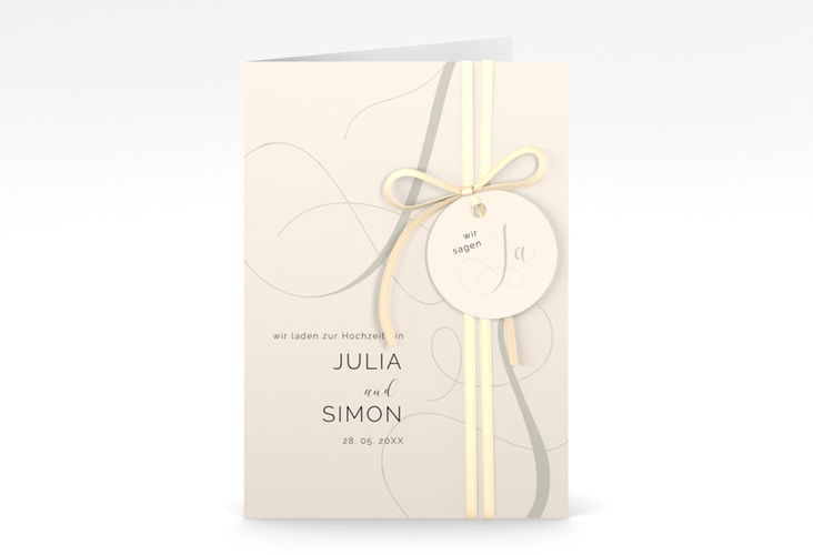 Hochzeitseinladung Eheschließung A6 Klappkarte hoch beige mit Gräsern und Trockenblumen für Boho-Hochzeit