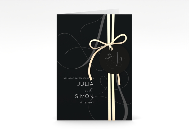 Hochzeitseinladung Eheschließung A6 Klappkarte hoch schwarz hochglanz mit Gräsern und Trockenblumen für Boho-Hochzeit