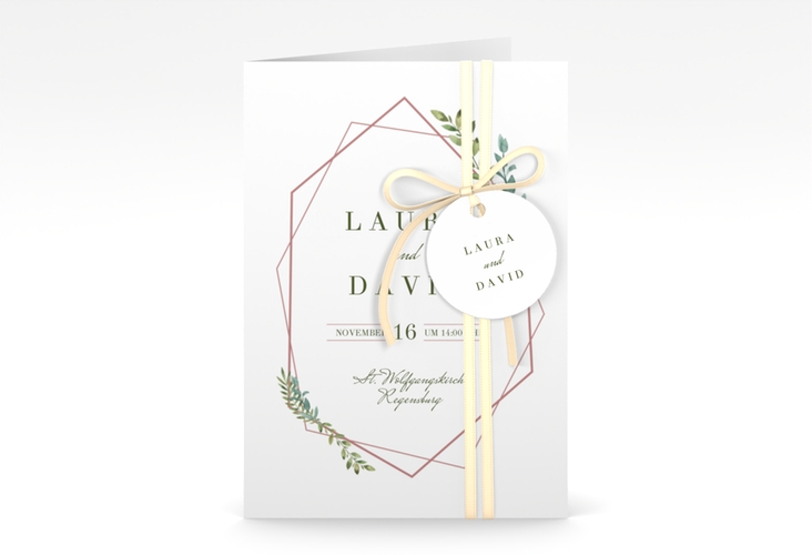 Einladungskarte Hochzeit Herbarium A6 Klappkarte hoch rosa mit geometrischem Rahmen und Blätter-Dekor