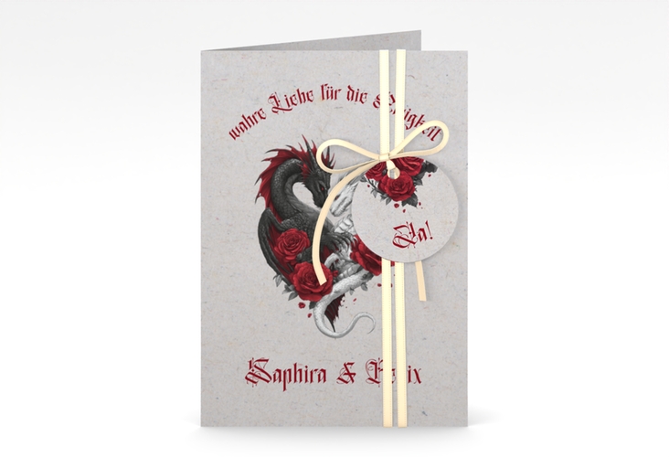 Einladungskarte Hochzeit Drachenliebe A6 Klappkarte hoch grau mit schwarzem und weißem Drachen zu einem Herz verschlungen