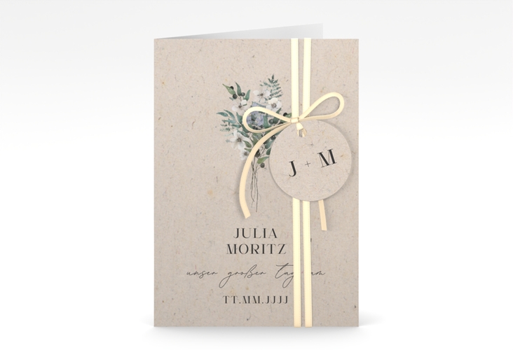 Einladungskarte Hochzeit Sträußchen A6 Klappkarte hoch mit kleinem Blumenbouquet im Nostalgie-Design