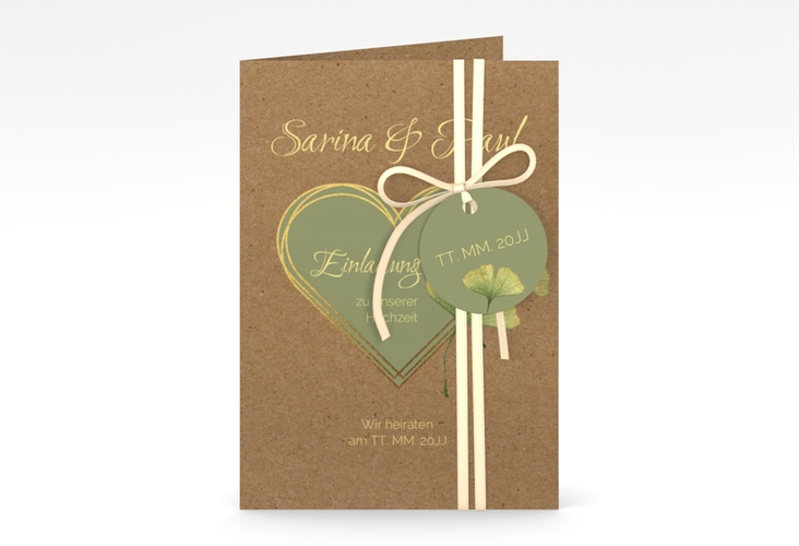 Einladungskarte Hochzeit Ginko A6 Klappkarte hoch mit Herz und zwei Ginkgo-Blättern