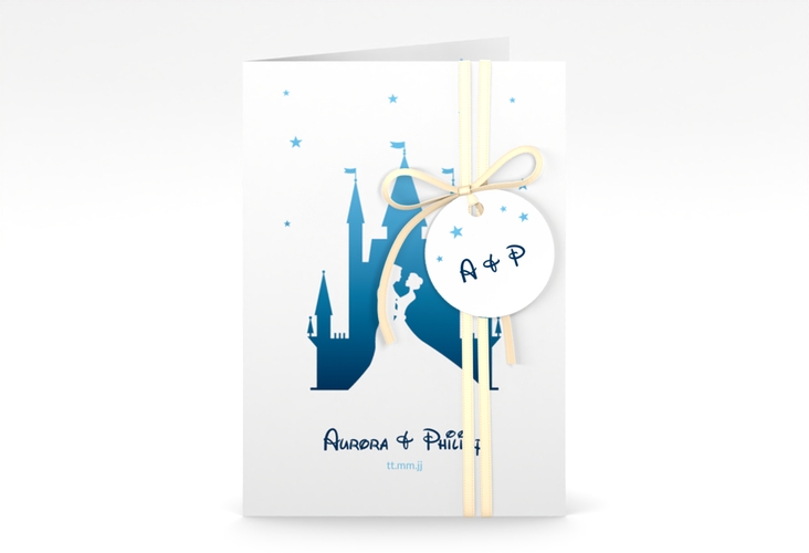 Einladungskarte Hochzeit Castle A6 Klappkarte hoch blau hochglanz