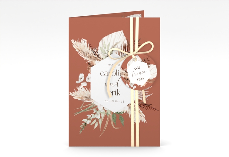 Einladungskarte Hochzeit Bohemian A6 Klappkarte hoch orange mit Gräsern und Trockenblumen für Boho-Hochzeit
