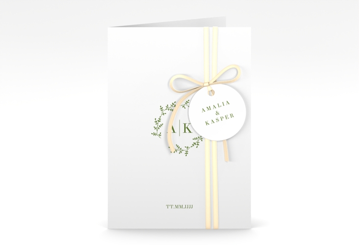 Einladungskarte Hochzeit Filigrana A6 Klappkarte hoch gruen hochglanz in reduziertem Design mit Initialen und zartem Blätterkranz