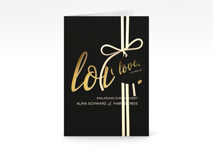 Einladungskarte Hochzeit Glam A6 Klappkarte hoch schwarz hochglanz