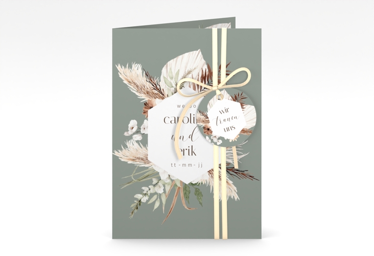 Einladungskarte Hochzeit Bohemian A6 Klappkarte hoch gruen mit Gräsern und Trockenblumen für Boho-Hochzeit