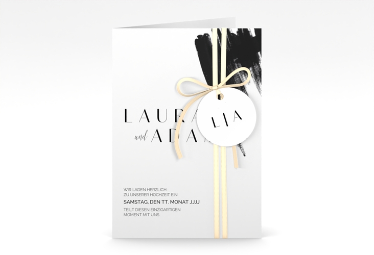 Einladungskarte Hochzeit Brush A6 Klappkarte hoch schwarz hochglanz