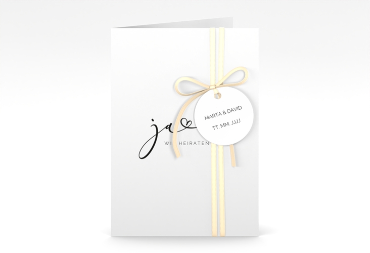 Hochzeitseinladung Jawort A6 Klappkarte hoch weiss hochglanz modern minimalistisch mit veredelter Aufschrift