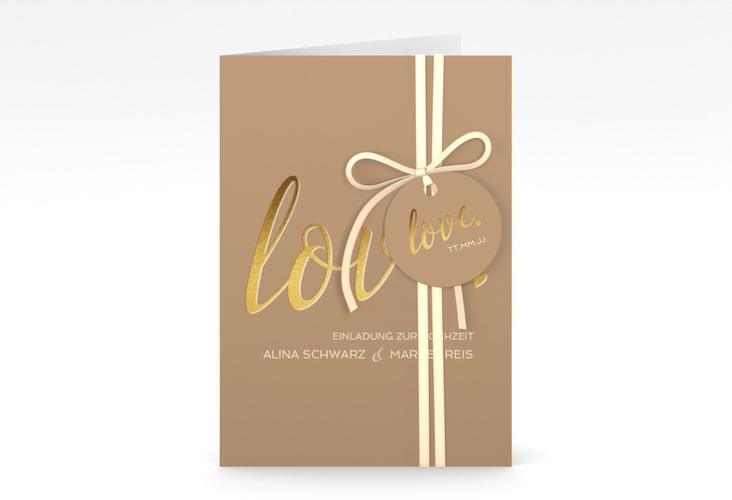 Einladungskarte Hochzeit Glam A6 Klappkarte hoch beige hochglanz