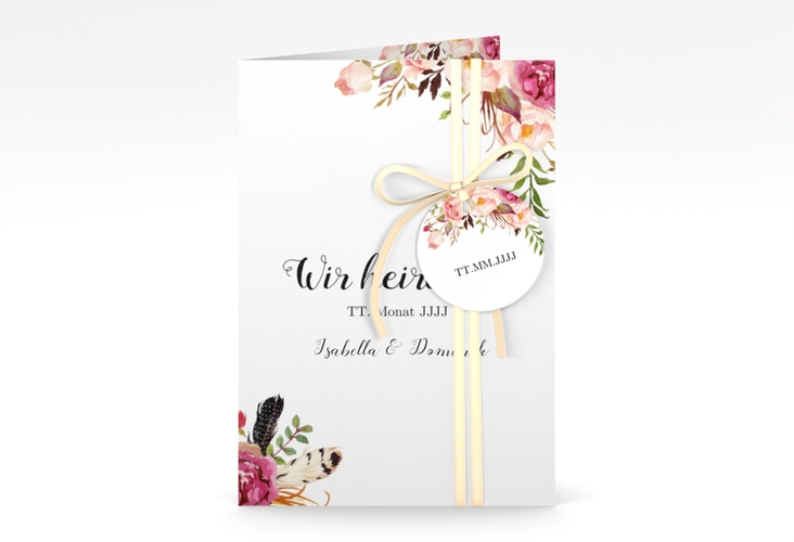 Einladungskarte Hochzeit Flowers A6 Klappkarte hoch weiss mit bunten Aquarell-Blumen