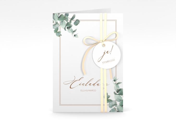 Einladungskarte Hochzeit Eucalypt A6 Klappkarte hoch hochglanz mit Eukalyptus und edlem Rahmen