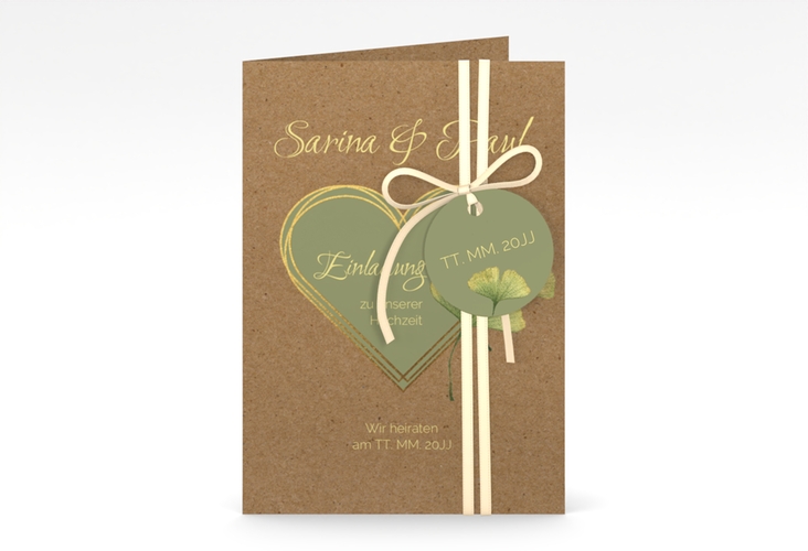 Einladungskarte Hochzeit Ginko A6 Klappkarte hoch mit Herz und zwei Ginkgo-Blättern