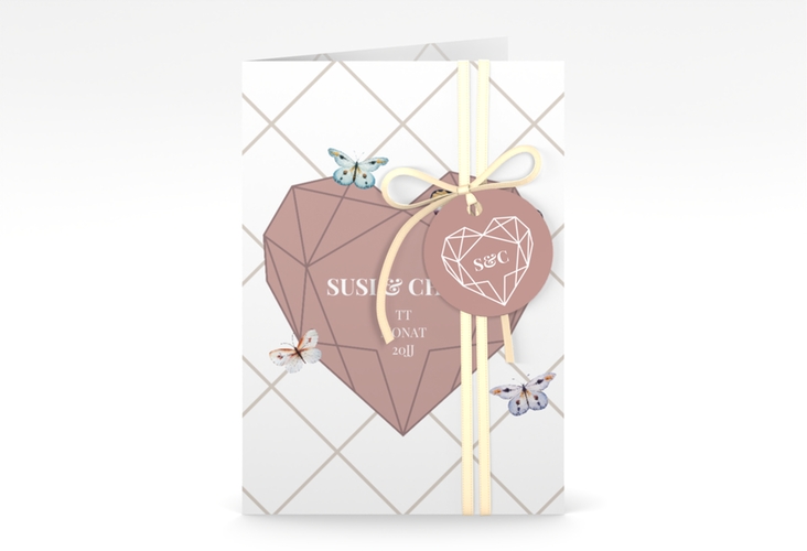 Einladungskarte Hochzeit Butterfly A6 Klappkarte hoch weiss hochglanz mit Schmetterlingen und Herz im Geometric Design