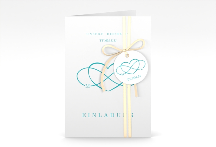 Einladungskarte Hochzeit Infinity A6 Klappkarte hoch tuerkis hochglanz