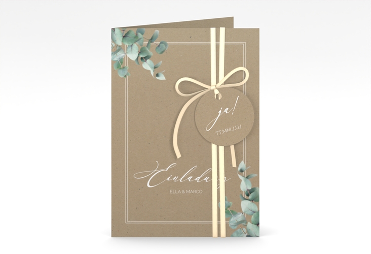 Einladungskarte Hochzeit Eucalypt A6 Klappkarte hoch Kraftpapier mit Eukalyptus und edlem Rahmen
