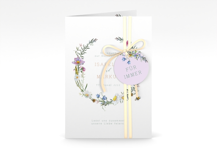 Einladungskarte Hochzeit Blumengarten A6 Klappkarte hoch bunt hochglanz mit Blumenkranz und Hummel