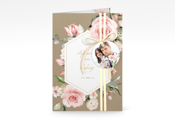 Einladungskarte Hochzeit Graceful A6 Klappkarte hoch mit Rosenblüten in Rosa und Weiß