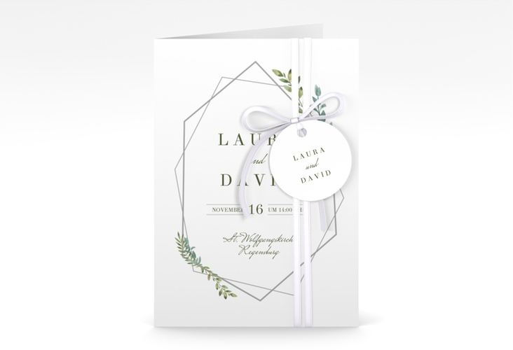 Einladungskarte Hochzeit Herbarium A6 Klappkarte hoch grau hochglanz mit geometrischem Rahmen und Blätter-Dekor