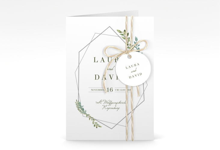 Einladungskarte Hochzeit Herbarium A6 Klappkarte hoch grau hochglanz mit geometrischem Rahmen und Blätter-Dekor
