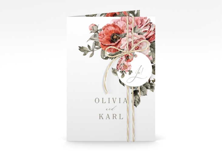 Einladungskarte Hochzeit Grazioso A6 Klappkarte hoch weiss modern mit Mohnblumen und Rosen