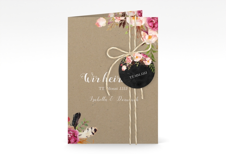 Einladungskarte Hochzeit Flowers A6 Klappkarte hoch Kraftpapier hochglanz mit bunten Aquarell-Blumen