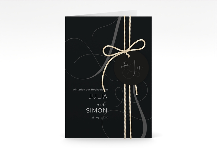 Hochzeitseinladung Eheschließung A6 Klappkarte hoch schwarz hochglanz mit Gräsern und Trockenblumen für Boho-Hochzeit