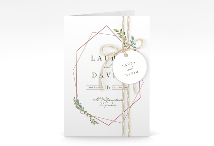 Einladungskarte Hochzeit Herbarium A6 Klappkarte hoch rosa hochglanz mit geometrischem Rahmen und Blätter-Dekor