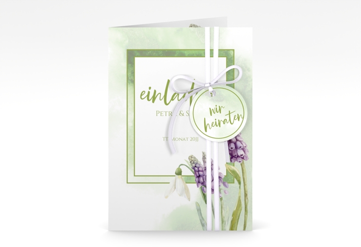 Einladungskarte Hochzeit Frühling A6 Klappkarte hoch gruen mit Frühlingsblumen in Aquarell
