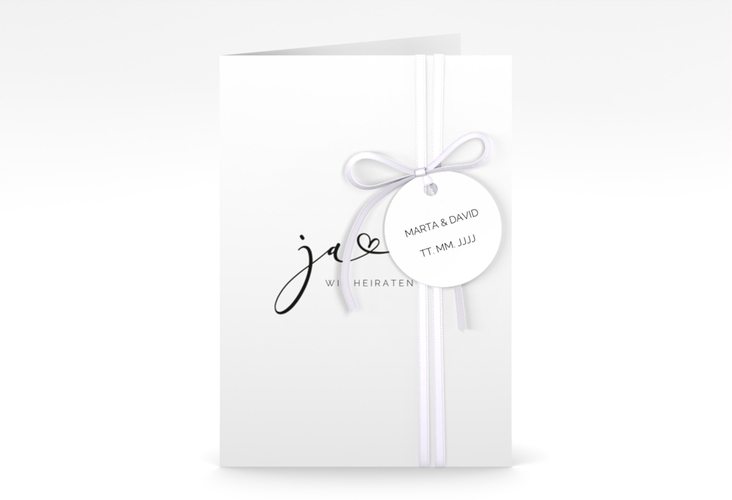 Hochzeitseinladung Jawort A6 Klappkarte hoch weiss modern minimalistisch mit veredelter Aufschrift