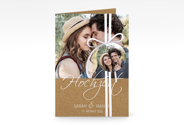Einladungskarte Hochzeit Big Picture A6 Klappkarte hoch Kraftpapier hochglanz mit Foto des Brautpaars