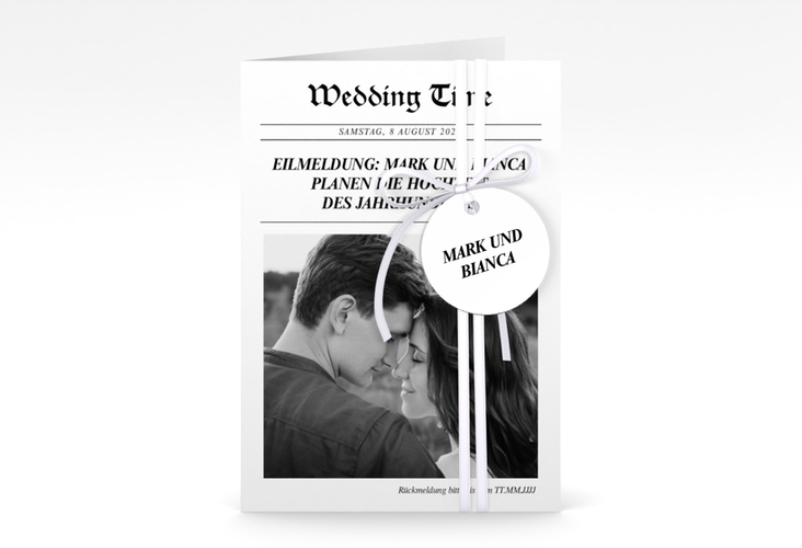 Einladungskarte Hochzeit Wedding Time A6 Klappkarte hoch weiss