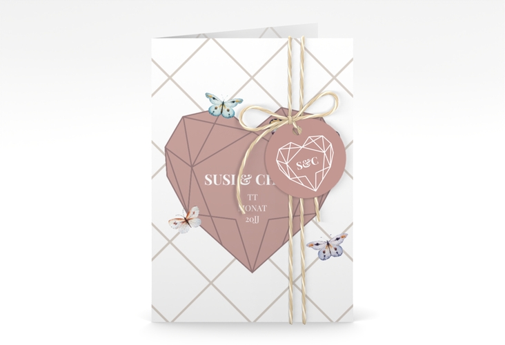 Einladungskarte Hochzeit Butterfly A6 Klappkarte hoch mit Schmetterlingen und Herz im Geometric Design