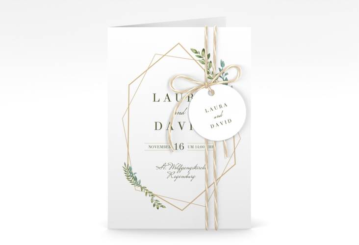 Einladungskarte Hochzeit Herbarium A6 Klappkarte hoch mit geometrischem Rahmen und Blätter-Dekor