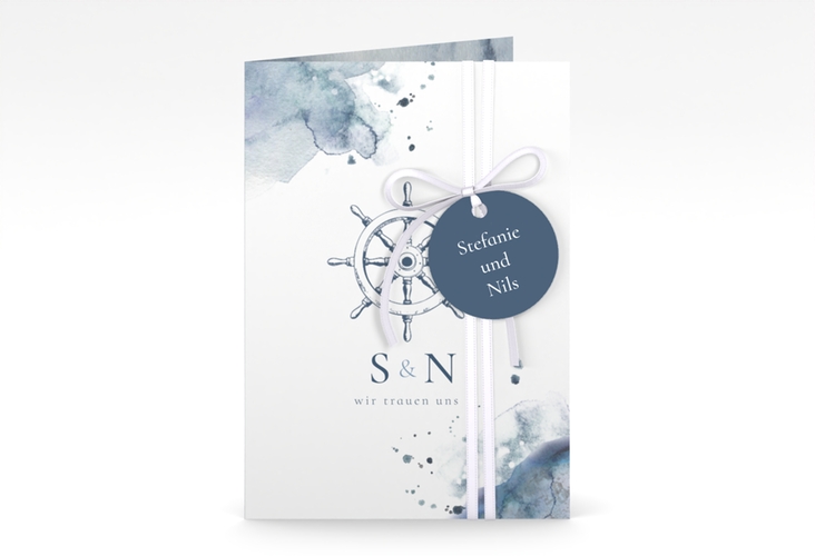 Einladungskarte Hochzeit Steuerrad A6 Klappkarte hoch in maritimen Blautönen