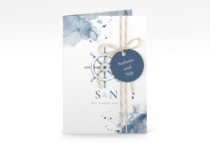 Einladungskarte Hochzeit Steuerrad A6 Klappkarte hoch in maritimen Blautönen