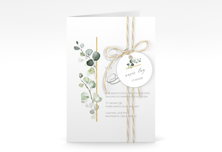 Einladungskarte Hochzeit Adelya A6 Klappkarte hoch hochglanz elegant mit Eukalyptus-Motiv