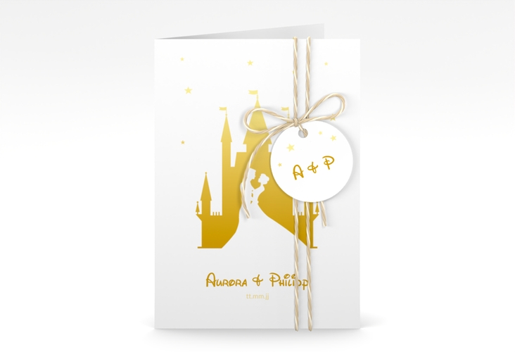Einladungskarte Hochzeit Castle A6 Klappkarte hoch gold hochglanz