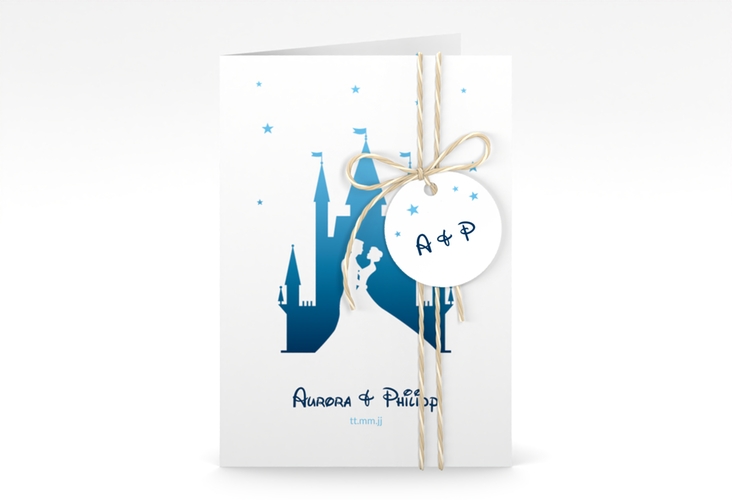 Einladungskarte Hochzeit Castle A6 Klappkarte hoch blau hochglanz