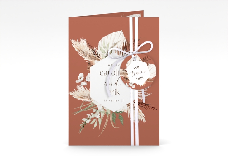 Einladungskarte Hochzeit Bohemian A6 Klappkarte hoch orange mit Gräsern und Trockenblumen für Boho-Hochzeit