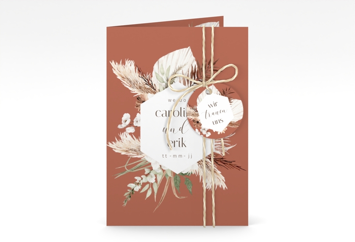 Einladungskarte Hochzeit Bohemian A6 Klappkarte hoch orange mit Gräsern und Trockenblumen für Boho-Hochzeit