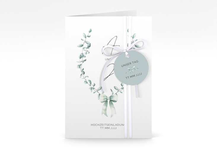 Einladungskarte Hochzeit Eucalypt Bow A6 Klappkarte hoch gruen hochglanz