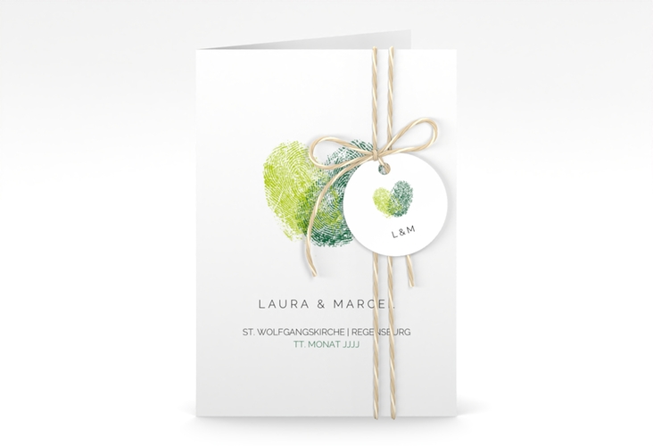 Einladungskarte Hochzeit Fingerprint A6 Klappkarte hoch gruen schlicht mit Fingerabdruck-Motiv