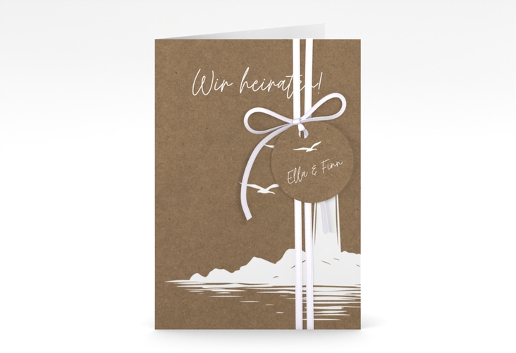 Einladungskarte Hochzeit Leuchtturm A6 Klappkarte hoch Kraftpapier