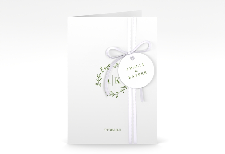 Einladungskarte Hochzeit Filigrana A6 Klappkarte hoch gruen hochglanz in reduziertem Design mit Initialen und zartem Blätterkranz
