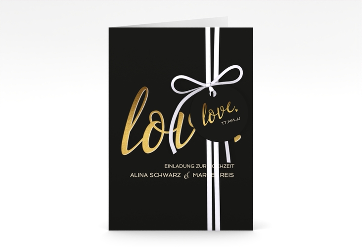 Einladungskarte Hochzeit Glam A6 Klappkarte hoch schwarz hochglanz