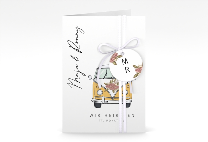 Einladungskarte Hochzeit Hochzeitsbulli A6 Klappkarte hoch gelb mit Gräsern und Trockenblumen für Boho-Hochzeit