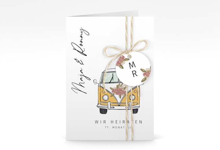 Einladungskarte Hochzeit Hochzeitsbulli A6 Klappkarte hoch mit Gräsern und Trockenblumen für Boho-Hochzeit